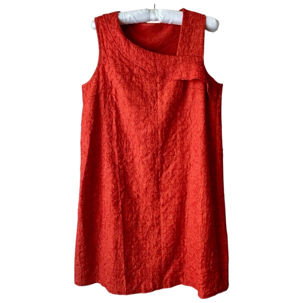 Burnt Orange Sleeveless Shift Dress with Asymmetrical Neckline Crinkle Small